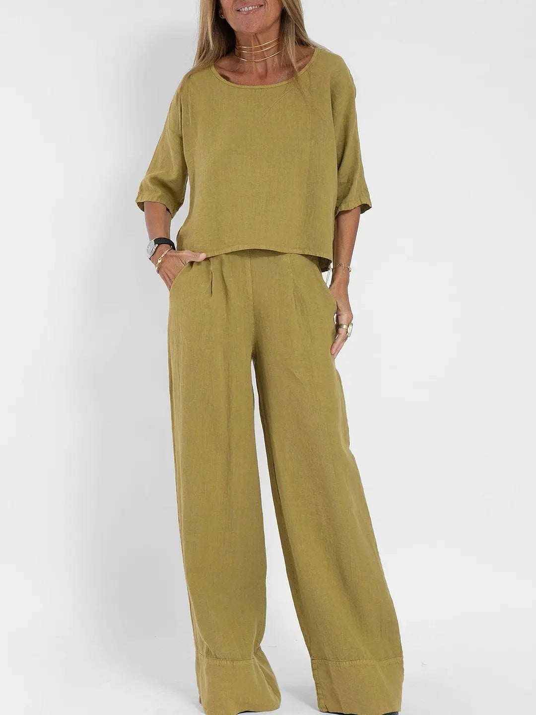 Women's Cotton And Linen Casual Cropped Sleeves Wide-leg Pants Suit Lady T Fashions