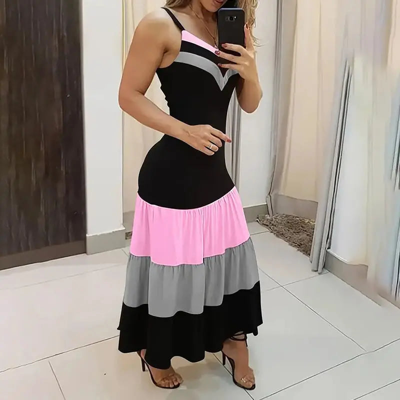 Women's Summer Casual Sleeveless V Neck Color Block Spaghetti Strap Maxi Long Dress Lady T Fashions