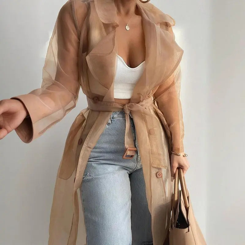 Women's Solid Color Half Sheer Long Sleeve Cardigan With Buttons & Belt - Lightweight Cover-Up For Summer Lady T Fashions