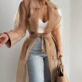 Women's Solid Color Half Sheer Long Sleeve Cardigan With Buttons & Belt - Lightweight Cover-Up For Summer Lady T Fashions