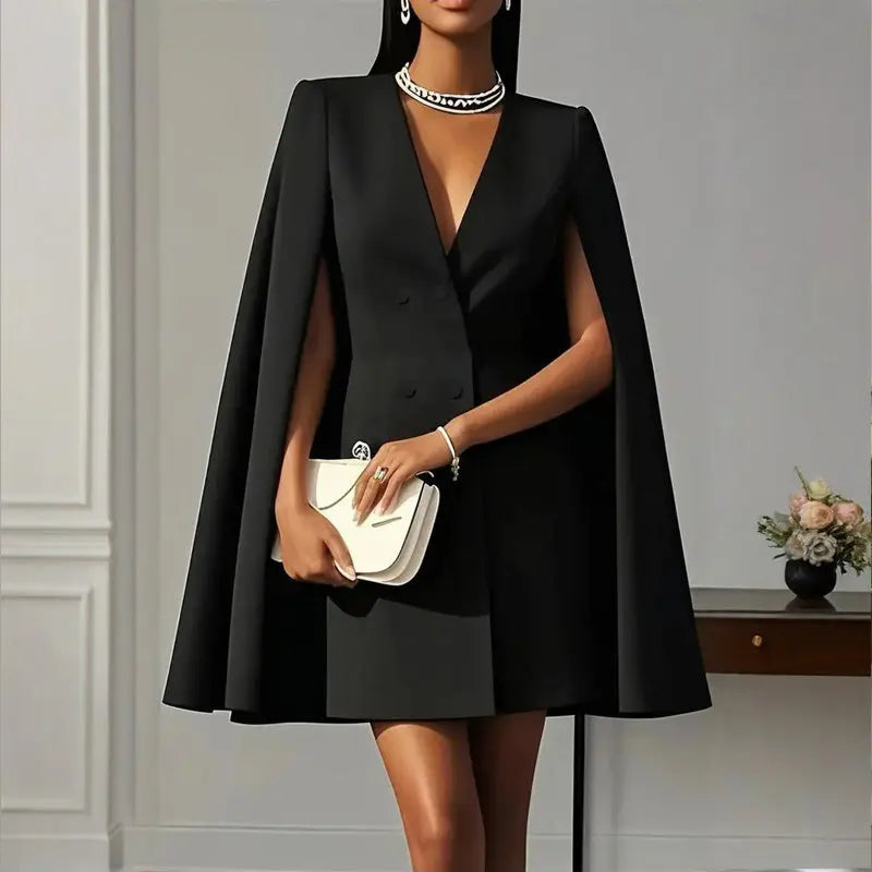 Women's Elegant Solid Color V Neck Double-Breasted Cape Blazer Dress Spring & Summer Party Banquet Outfit Lady T Fashions