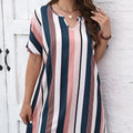 Ladies' Contrasting Striped Print Notch V-neck Short Casual Loose Dress Lady T Fashions