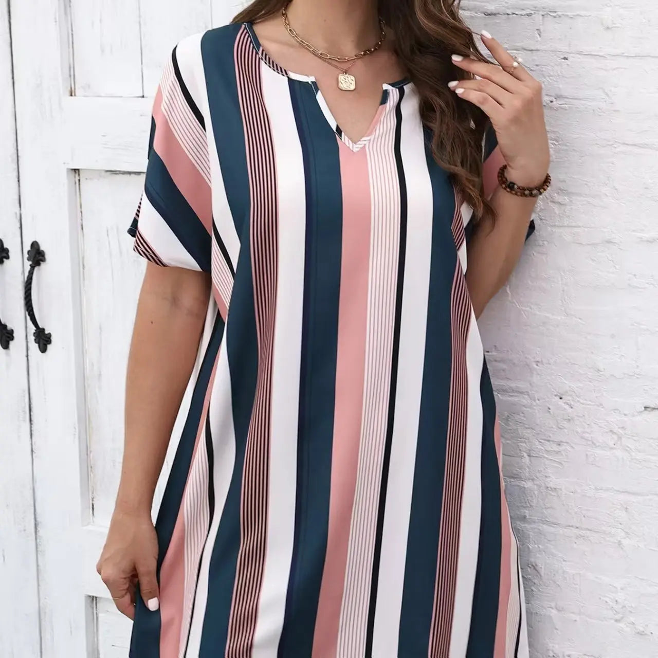 Ladies' Contrasting Striped Print Notch V-neck Short Casual Loose Dress Lady T Fashions