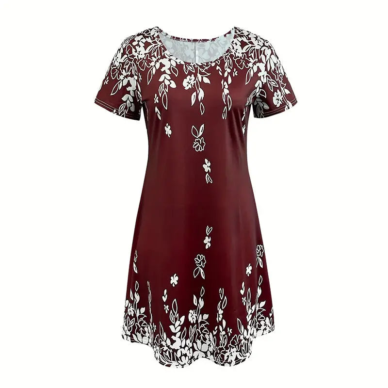 Women's Summer Boho Dress Vintage Floral Print Short Sleeve T-Shirt Sundress Beach Casual Dress Lady T Fashions