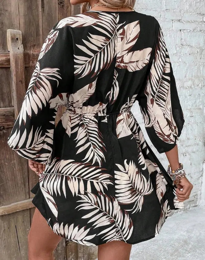 Women's Printed Batwing Sleeve Dress With Botanical Design Lady T Fashions