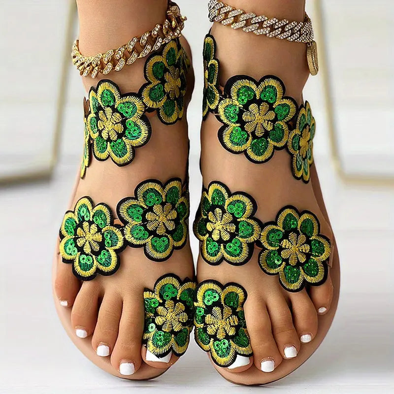 [Flowers Flat Women's Sandals] Women's Flowers Flat Sandals, Fashion Toe Loop Faux Pearl Slip On Shoes, Casual Beach Travel Sandals Lady T Fashions