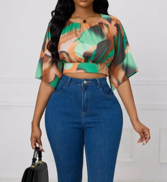 Ladies' Round Neck Printed Waist Cinched Shirt Top Lady T Fashions