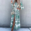 Women's Bohemian Flowy Maxi Dress - Charming V-Neck With Bell Sleeves, Bold Printed Pattern, Side Slit Design Lady T Fashions