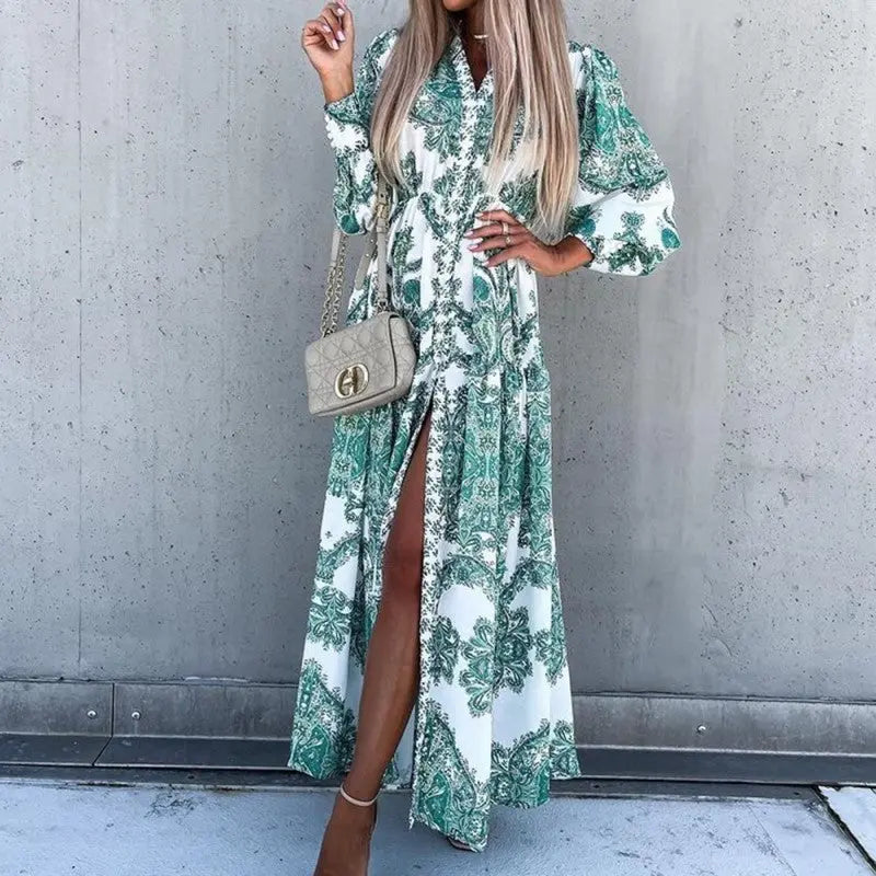 Women's Bohemian Flowy Maxi Dress - Charming V-Neck With Bell Sleeves, Bold Printed Pattern, Side Slit Design Lady T Fashions