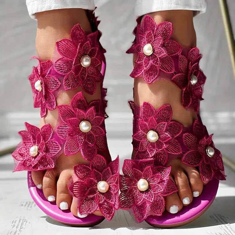 [Flowers Flat Women's Sandals] Women's Flowers Flat Sandals, Fashion Toe Loop Faux Pearl Slip On Shoes, Casual Beach Travel Sandals Lady T Fashions