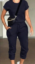 2pcs Women Solid Color Round Neck Short Sleeve Top And Drawstring Pocket Long Pants Casual Suit Lady T Fashions