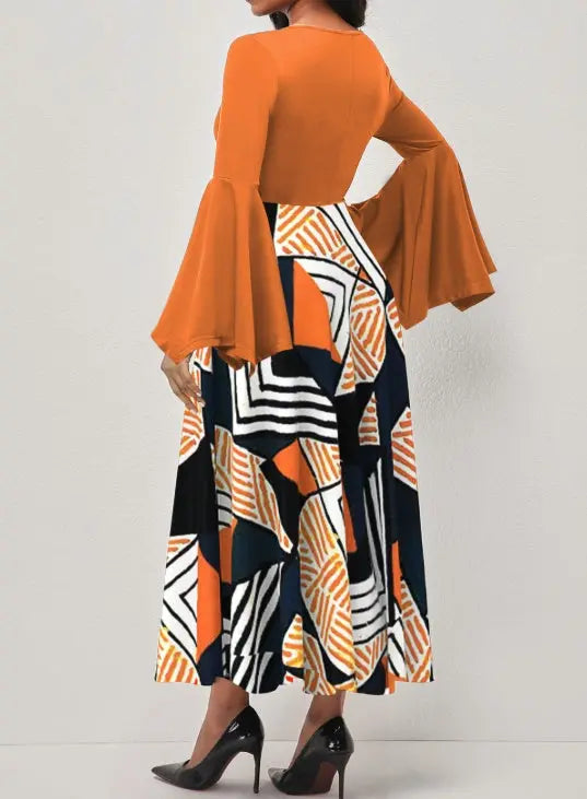 Ladies' Round Neck Printed Irregular Cuff Design Fashionable Dress Lady T Fashions