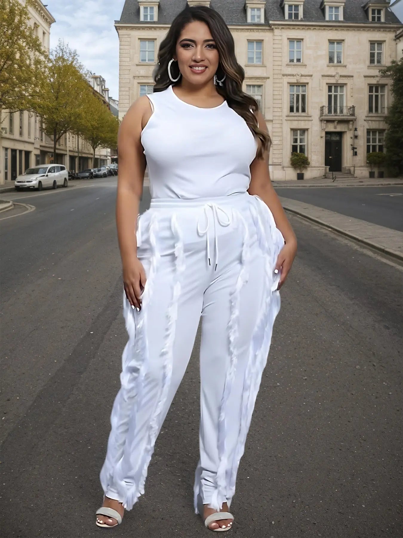 Plus Size - Women Plus Size 2pcs Outfits Fringe Tassel Long Pants Set Sleeveless Tank Tops Clubwear Lady T Fashions