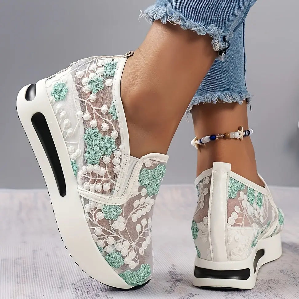 Stunning Floral Lace Platform Shoes - Fashion Sneakers with Height Increasing, Slip-On Design, Low Top Style, and Versatile Casual Wear - Perfect for Everyday Outings and Special Occasions Lady T Fashions