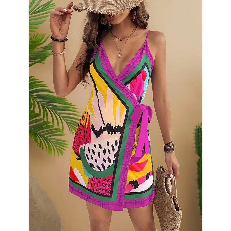 Women Spaghetti Strap Summer Dress V Neck Wrap Waist Tie Casual Beach Sundress Holiday Vacation Mini Dress Lady T Fashions