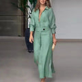 Women's Elegant Tied Solid Color Waisted Long-sleeved Shirt Dress Lady T Fashions