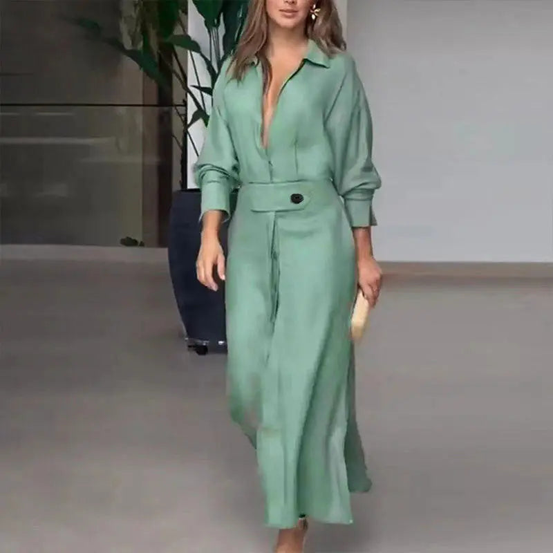 Women's Elegant Tied Solid Color Waisted Long-sleeved Shirt Dress Lady T Fashions