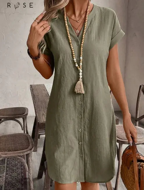Solid Notched Button Front Batwing Sleeve Shirt Dress Lady T Fashions