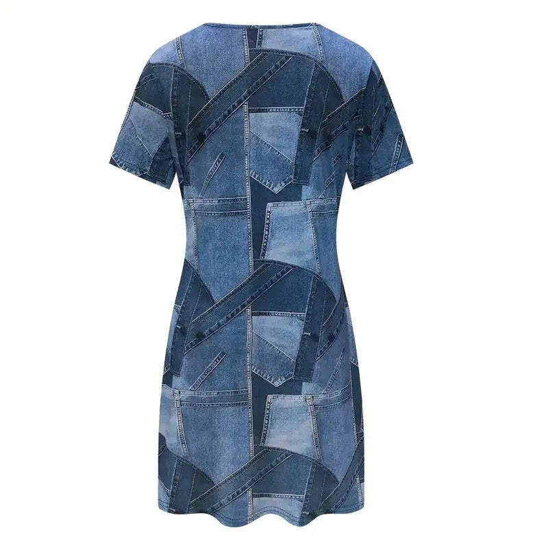 Women's Plus Size Denim Short Sleeve Dress - Digital Print Casual Spring & Summer Dress Lady T Fashions