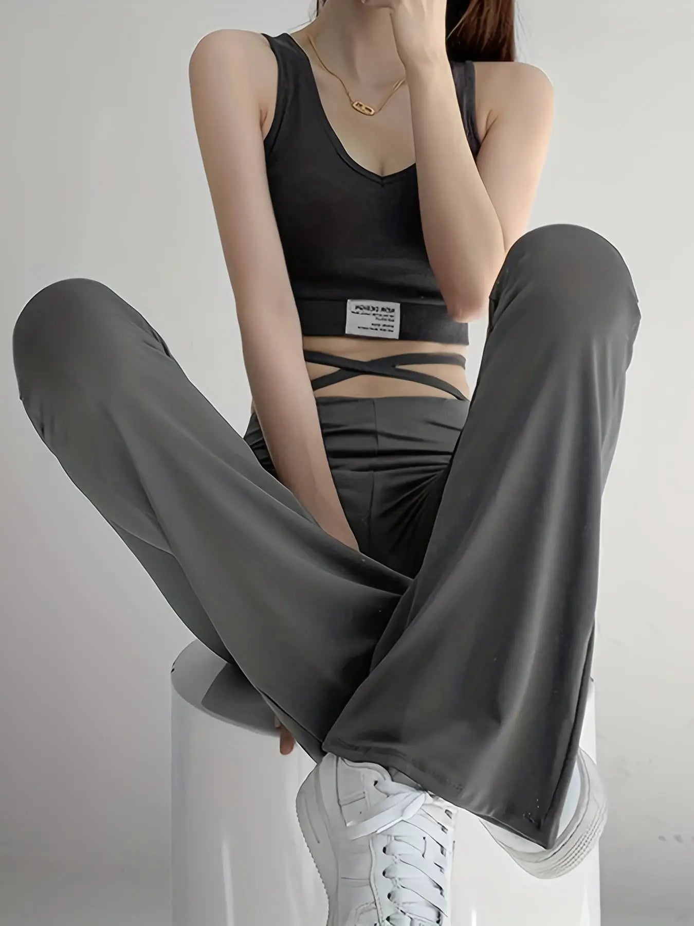 Long Length Solid Criss Cross Flare Leggings - High Waist Fitted, Elastic Waist, Mid Elasticity, Cross Strap, Sheer, Machine Washable - Perfect for Weekend Casual, Fall Season, Young Women Lady T Fashions