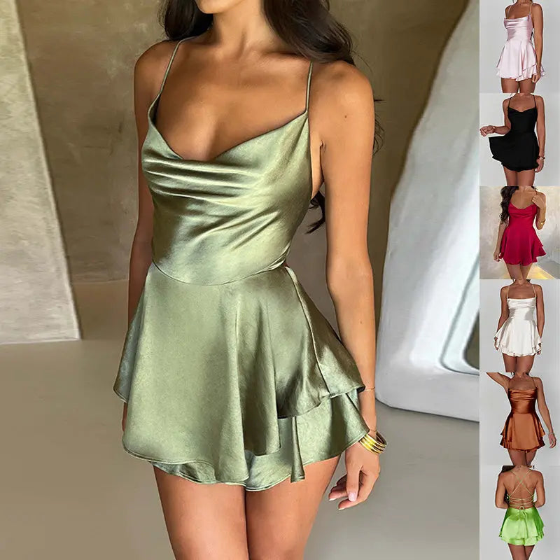 Sexy Suspender Skirt For Women Elegant Slim Strap Satin Backless Lace Up A-Line Short Dress Lady Lady T Fashions