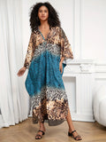Plus Size Floral Print Dress - Elegant V-Neckline, Flowy Batwing Sleeves, Effortless Casual Style - Designed for Plus-Size Women, Ideal for Ramadan Celebrations and Everyday Wear Lady T Fashions