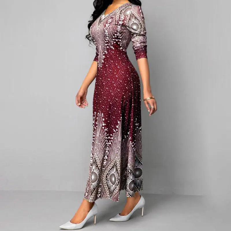Women's Plus Size Elegant V-Neck Long Sleeve A-Line Dress With Starry Sky Print, Slim-Fit Flowy Maxi Dress For Holiday & Party Wear Lady T Fashions
