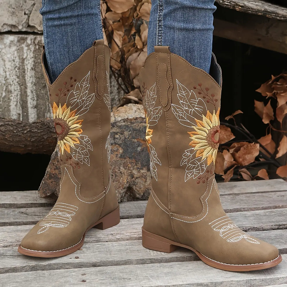 [Mid Calf Embroidered Western Boots] Women's Embroidered Mid Calf Western Boots, Faux Leather Fashion Boots, Women's Footwear Lady T Fashions