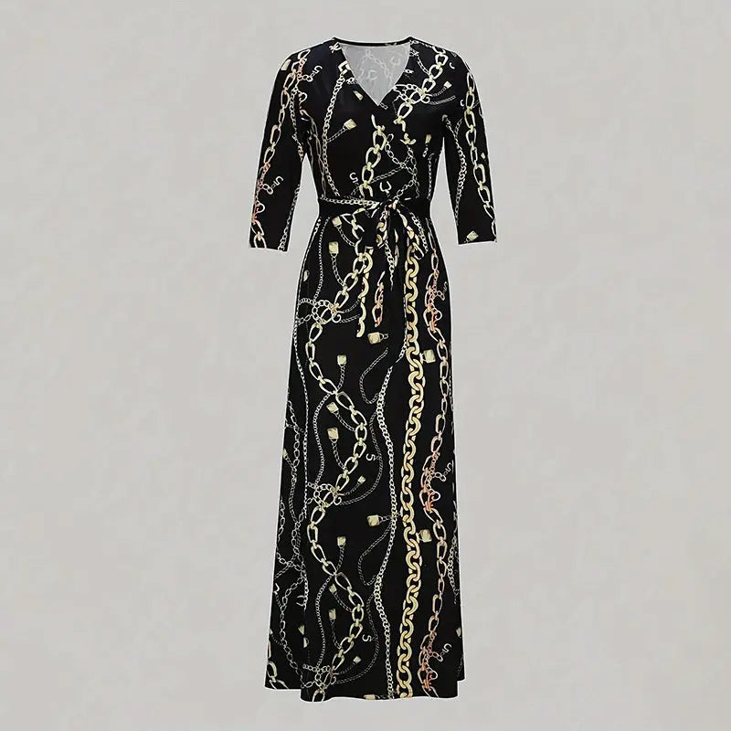Women's V-Neck Elegant Half-Sleeve Belted Waist Print Maxi Dress For Spring&Summer Dress Lady T Fashions