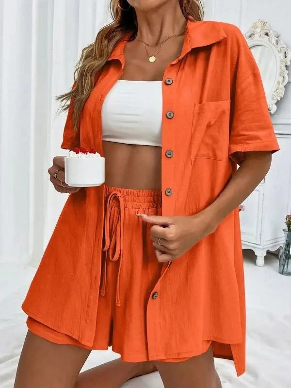 Women's Fashion Shorts Two Pieces Solid Color Shirt Suit Lady T Fashions