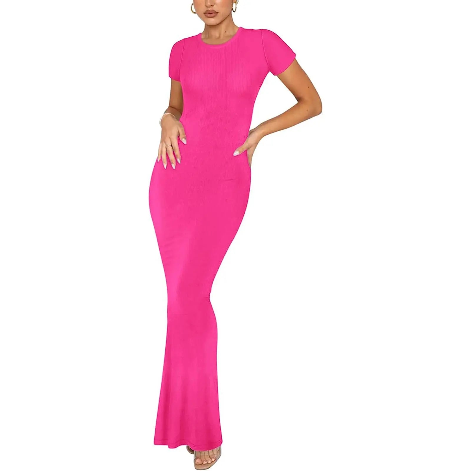 Women's Elegant Slim-fit Short-sleeved Round Neck Dress Lady T Fashions
