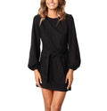 Solid Tie Waist Crew Neck Dress, Elegant Slim Lantern Sleeve Dress For Spring & Fall, Women's Clothing Lady T Fashions