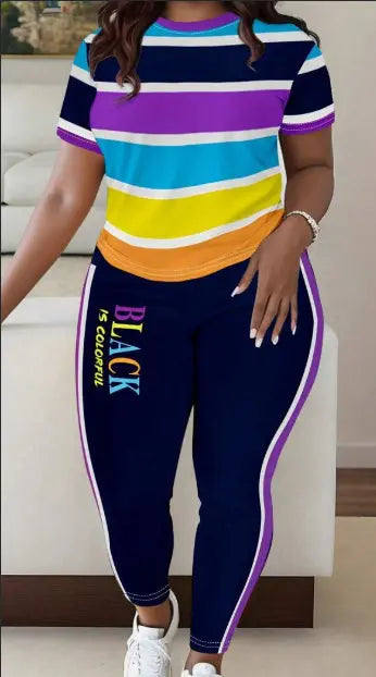 Women Fashionable Colorful Stripe Print T-shirt And Pants Casual Set Lady T Fashions