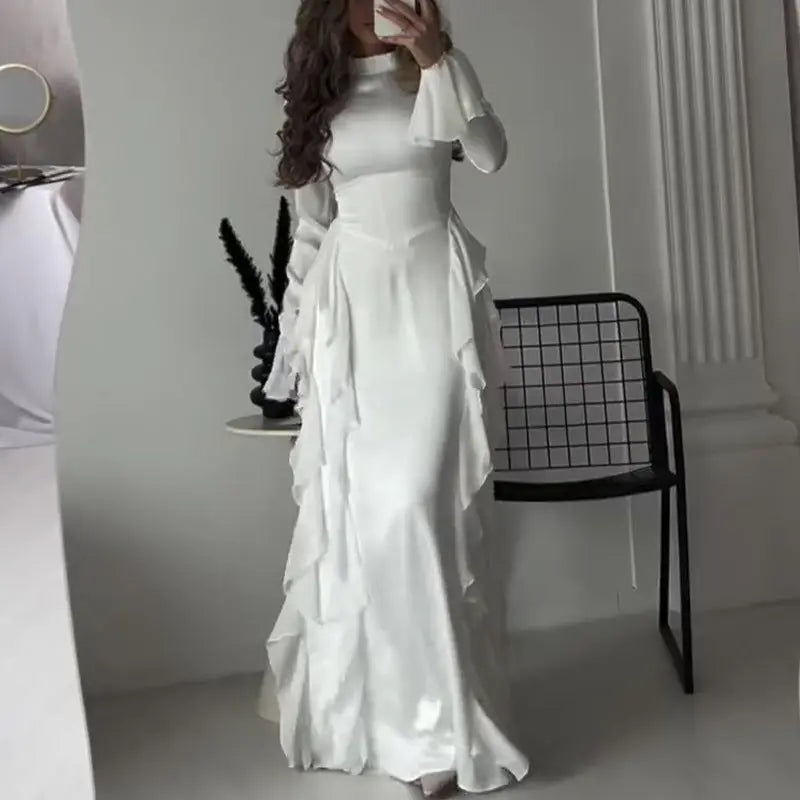 Women's Round-neck Flared Sleeves Temperament High Waist Slimming Patchwork Dress Lady T Fashions