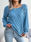Texture Button Lantern Sleeve Sweater - Women's Round Neck Sweater Lady T Fashions