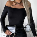 Ladies' Fashionable And Elegant New Off Shoulder Cross Hanging Neck Long Sleeved T-shirt Sexy Solid Color Versatile Top Lady T Fashions