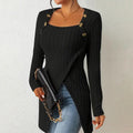 Elegant Women's Solid Color Slim-Fit Long Sleeve Top - Square Neck & Button Detail With Asymmetric Hem, Casual Fall&Spring Blouse Lady T Fashions