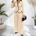 Women's Two-Piece V-Neck Long Sleeve Blouse With Contrast Trim & Straight Leg Wide Pants Set - Office Wear Suit For Spring&Fall Lady T Fashions