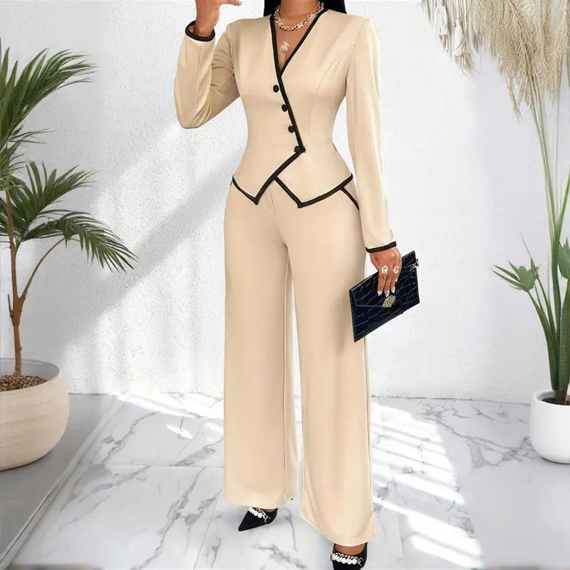 Women's Two-Piece V-Neck Long Sleeve Blouse With Contrast Trim & Straight Leg Wide Pants Set - Office Wear Suit For Spring&Fall Lady T Fashions