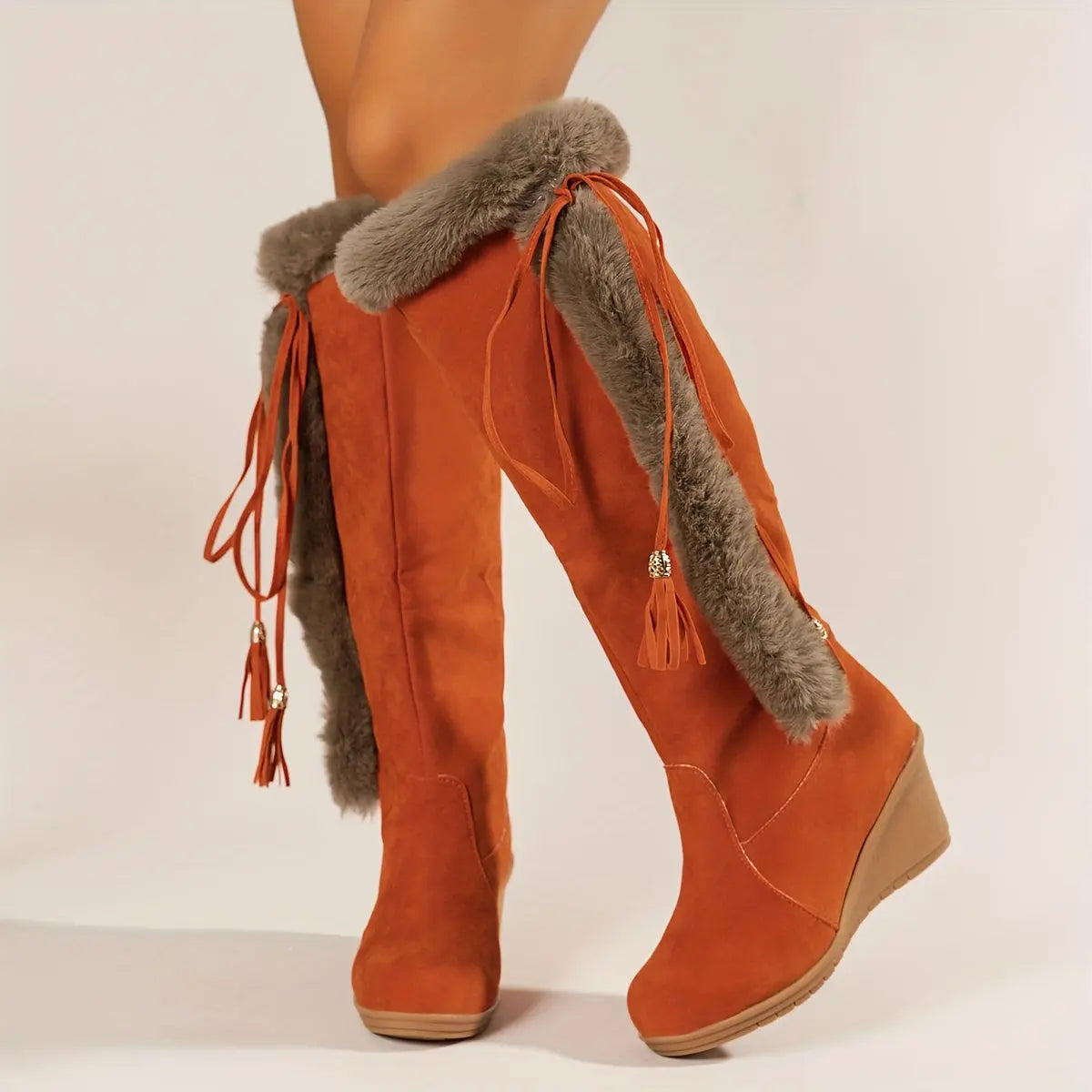 Women's Wedge Knee High Snow Boots, Plush Comfy Lace Up Round Toe Shoes, Winter Thermal Shoes Lady T Fashions