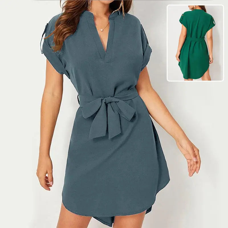 V-neck Short Sleeve Dress With Belt Summer Fashion Bowknot Dresses For Women Clothing Lady T Fashions