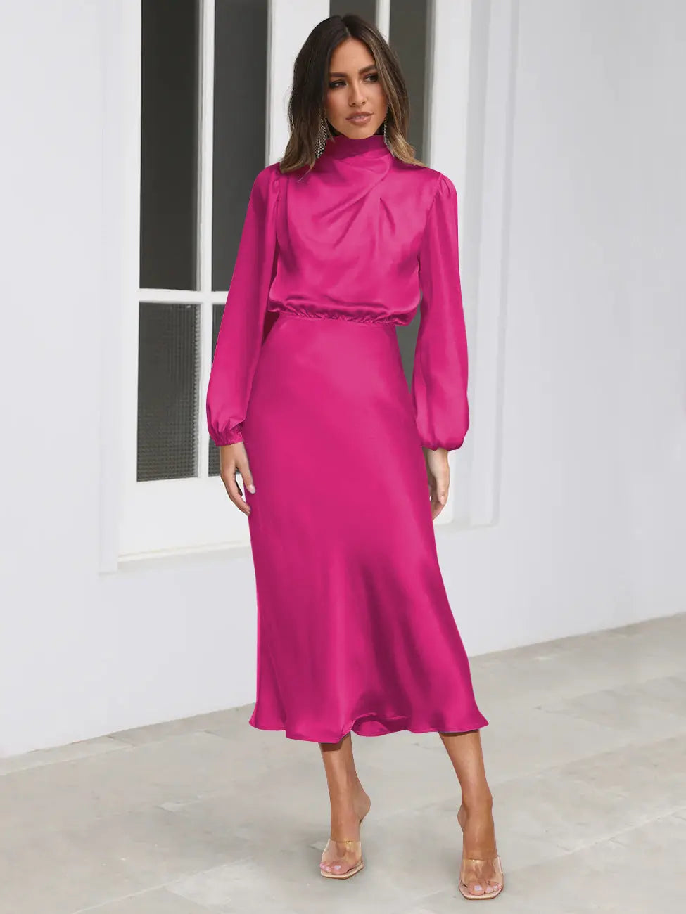Dress Spring And Autumn Halterneck Long-sleeved Formal Dress Satin Elegant Lady Of Note Evening Dress Lady T Fashions