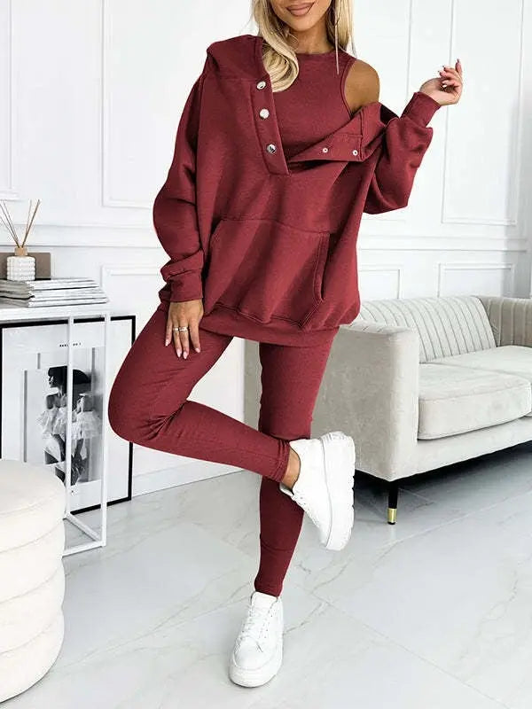 Athleisure Hoodie With Thick Thread Slim-fit Vest Pants Three Pieces Set Lady T Fashions