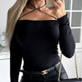 Ladies' Fashionable And Elegant New Off Shoulder Cross Hanging Neck Long Sleeved T-shirt Sexy Solid Color Versatile Top Lady T Fashions