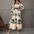 Elegant Women's Retro Geometric Print Lantern Sleeve Dress - Square Neck A-Line With Elastic Cuffs, Casual & Formal Dress Lady T Fashions
