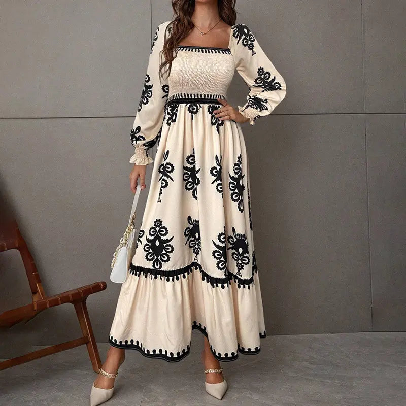 Elegant Women's Retro Geometric Print Lantern Sleeve Dress - Square Neck A-Line With Elastic Cuffs, Casual & Formal Dress Lady T Fashions
