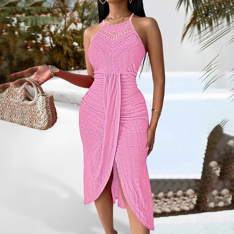 Women's Sexy Halter Neck Ruched Bodycon Midi Dresses Elegant Sleeveless Cocktail Party Dress Lady T Fashions