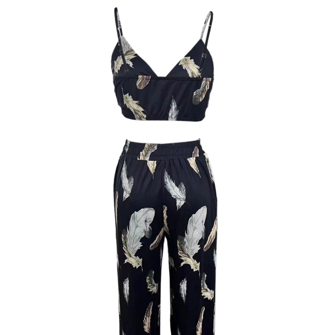 Ladies' High Waist Drawstring Feather Flower Printed Pants, Beach Pocket Pants, Sexy Top Set Lady T Fashions