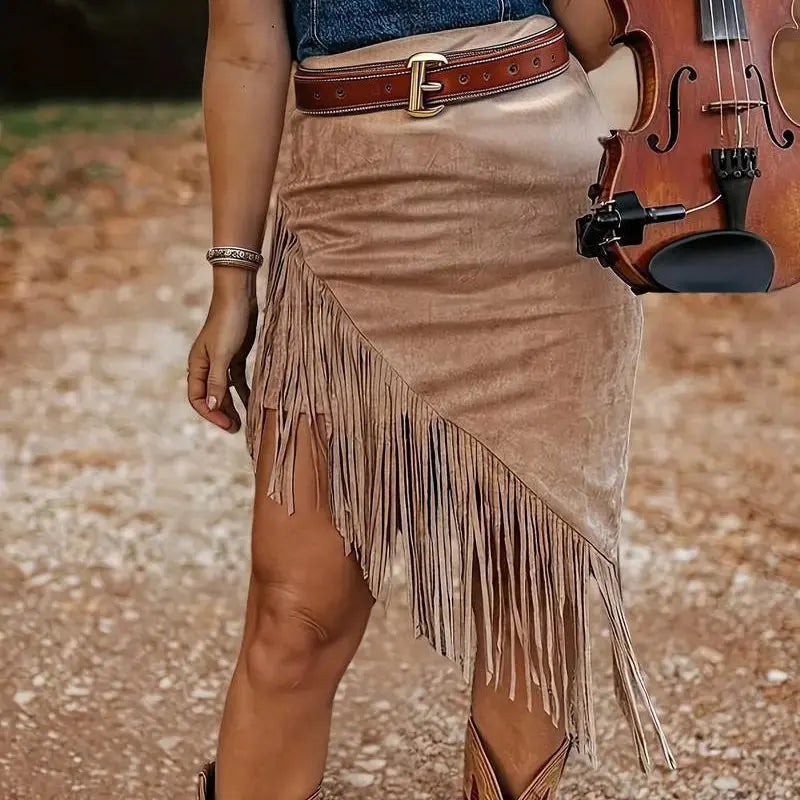 Women's Solid Color Vintage Fringe Hem Asymmetrical Suede Skirt Casual Boho Chic Summer Spring Vacation Outfit Lady T Fashions
