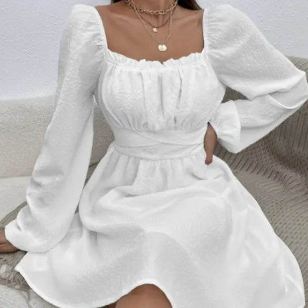Ladies' Fashion Elegant Solid Color Collar Lace Fold Waist A-list Dress Lady T Fashions